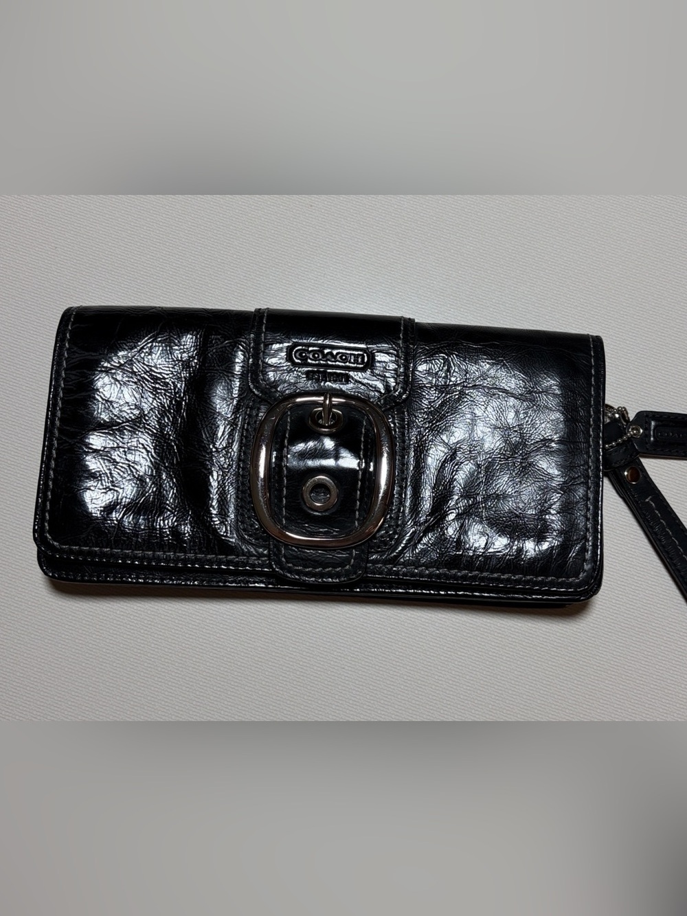Coach BLEECKER Black Patent Leather Wristlet Wallet with Buckle Accent